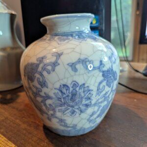 Oriental Urn Blue Floral On White Crazed Background